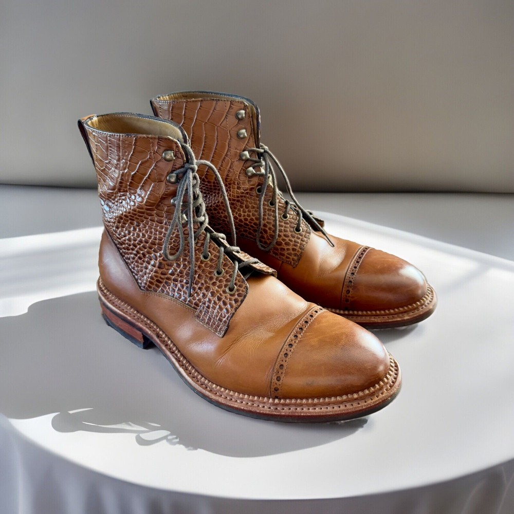 TAFT Men’s Boots “The Irwin” Size 8 Cognac Croc Leather Dainite Sole British EUC