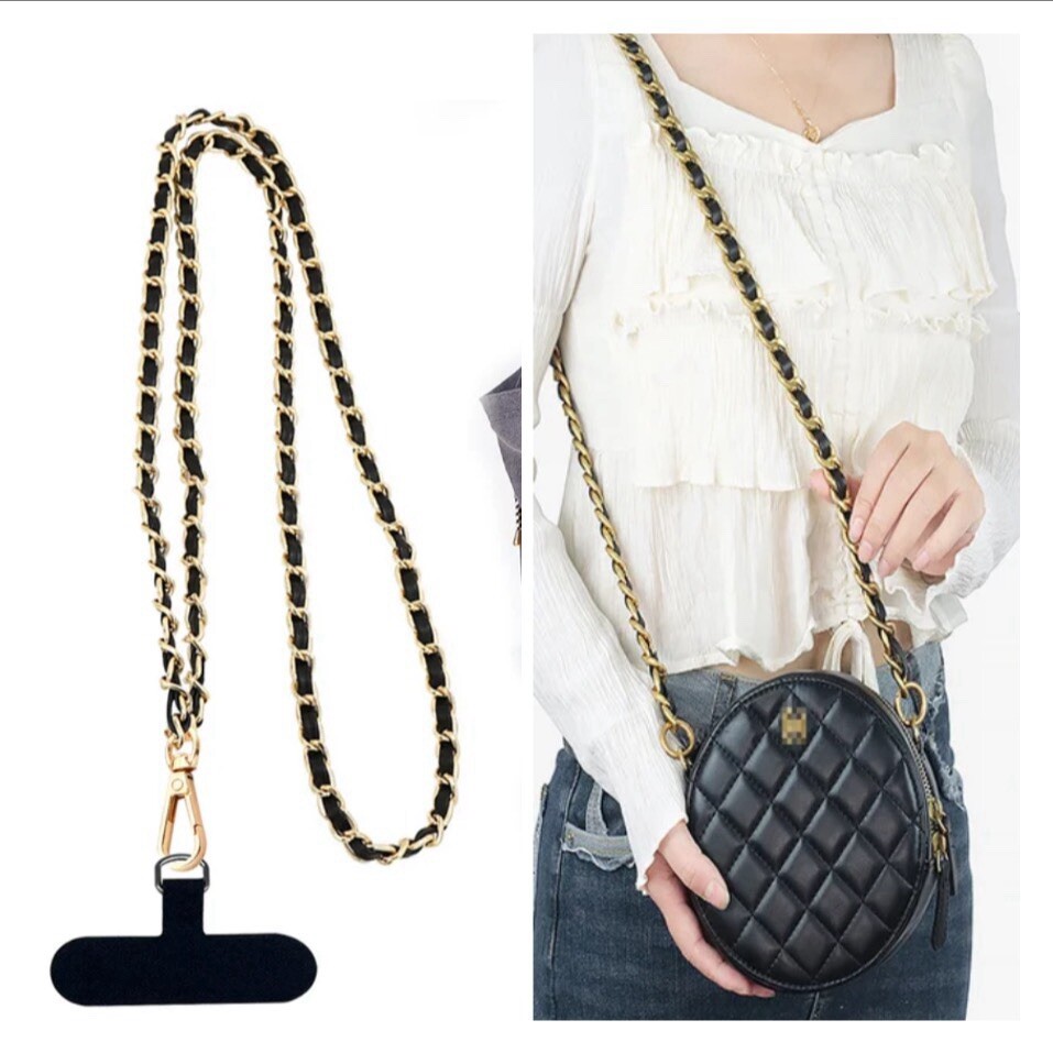 Black and Gold Adjustable Crossbody Purse Strap with Cell Phone Holder and Extender