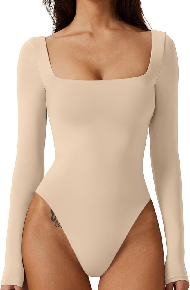 QINSEN Women's Sexy Square Neck Bodysuit Long Sleeve Double Lined Bodysuit Large