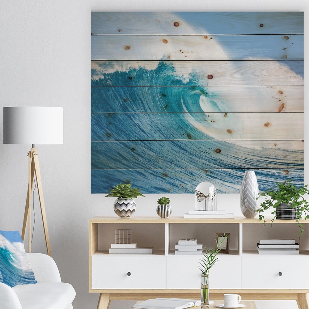 Designart 'Blue Ocean Wave' Sea & Shore Print on Natural  Small