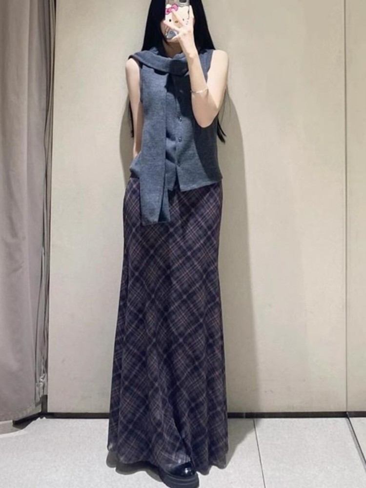 Spring Summer High Waist Splicing Hem Plaid Silk Mesh Long Skirt Women