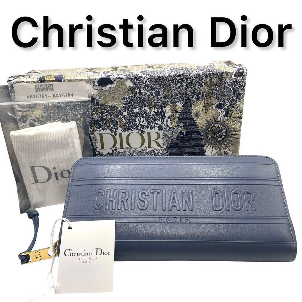 Christian Dior Leather Stripe Zip Wallet Long Purse Black New