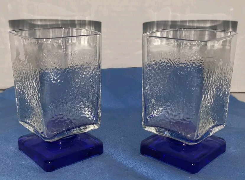 Bormioli Rocco Ibisco Clear Square Cobalt Blue Bottom Tumbler Glasses Set of 2