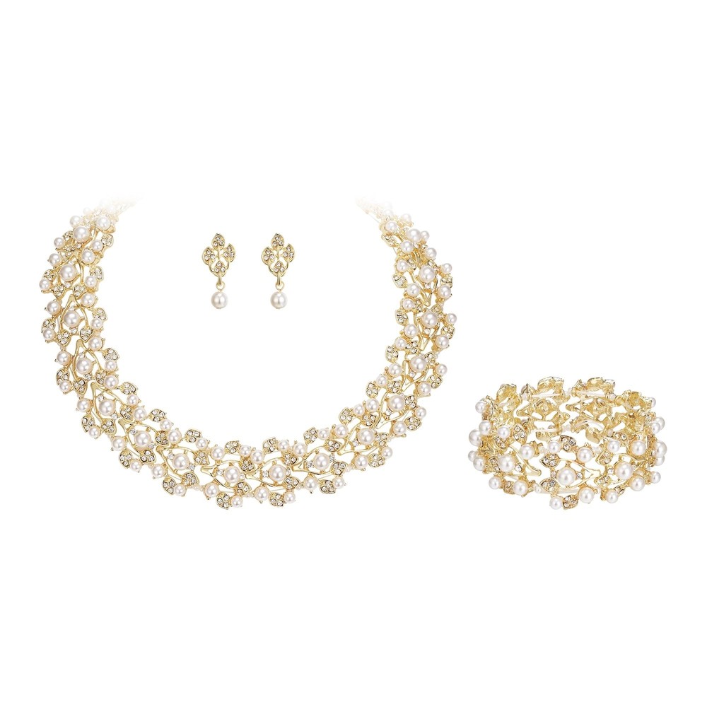 EVER FAITH Austrian Crystal Cream Pearl Leaf Luxury Bridal Necklace for Weddings