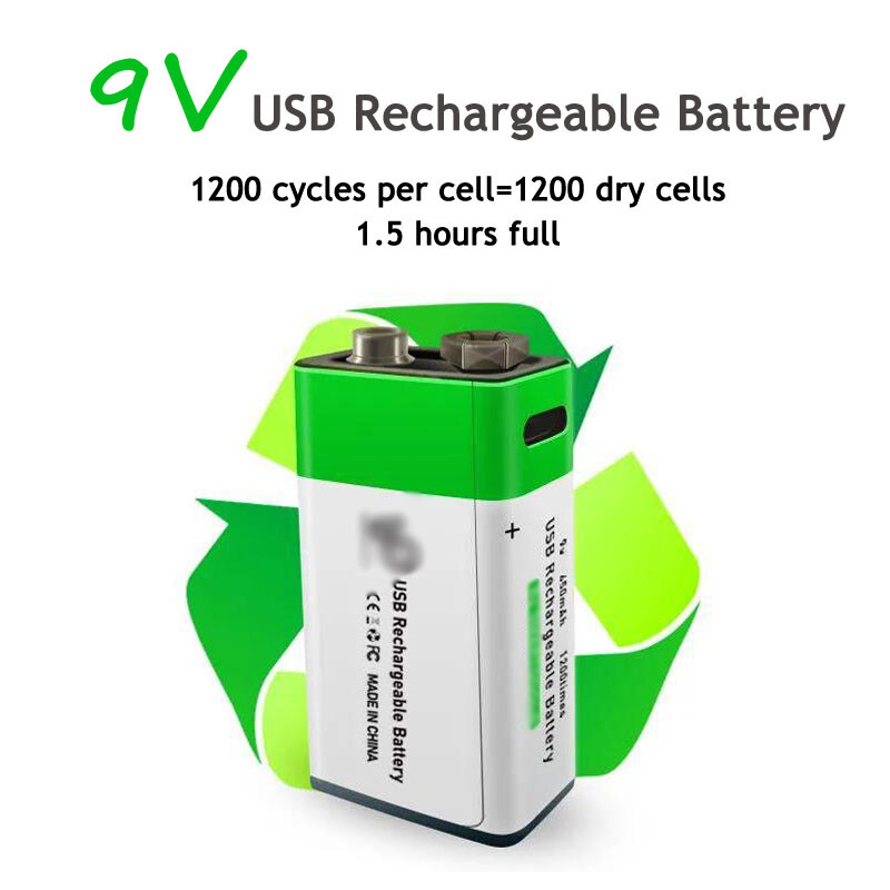 9V Li-ion USB Rechargeable Battery 650mWh Battery Pack Fast Charge Type C Cable