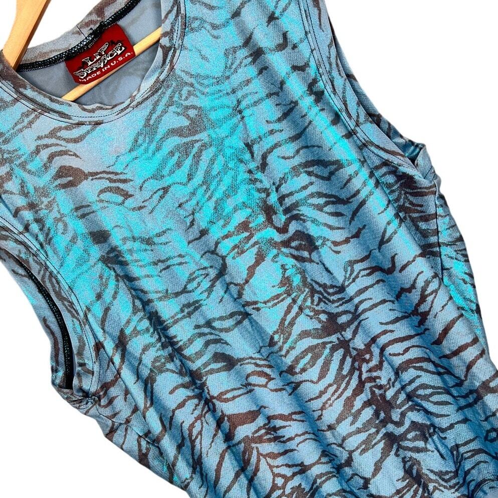 90s USA Made Vintage LIP SERVICE Men's XL Blue Metallic Zebra Club Punk Tank Top