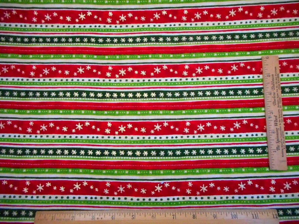 Christmas Fabric 1 5/8 Yard Red Green YELLOW Metallic Gold Snow Cotton #5 Vtg