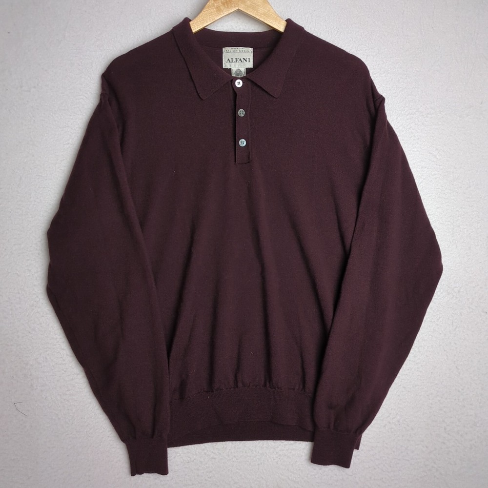 Alfani Italian Merino 100% Wool Mens Large Burgundy 1/4 Button Long Sleeve Shirt