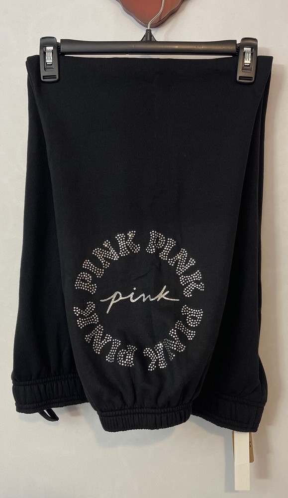 Victorias Secret PINK Large Pull-On Black BLING Campus Sweat Pants NWT! A4098
