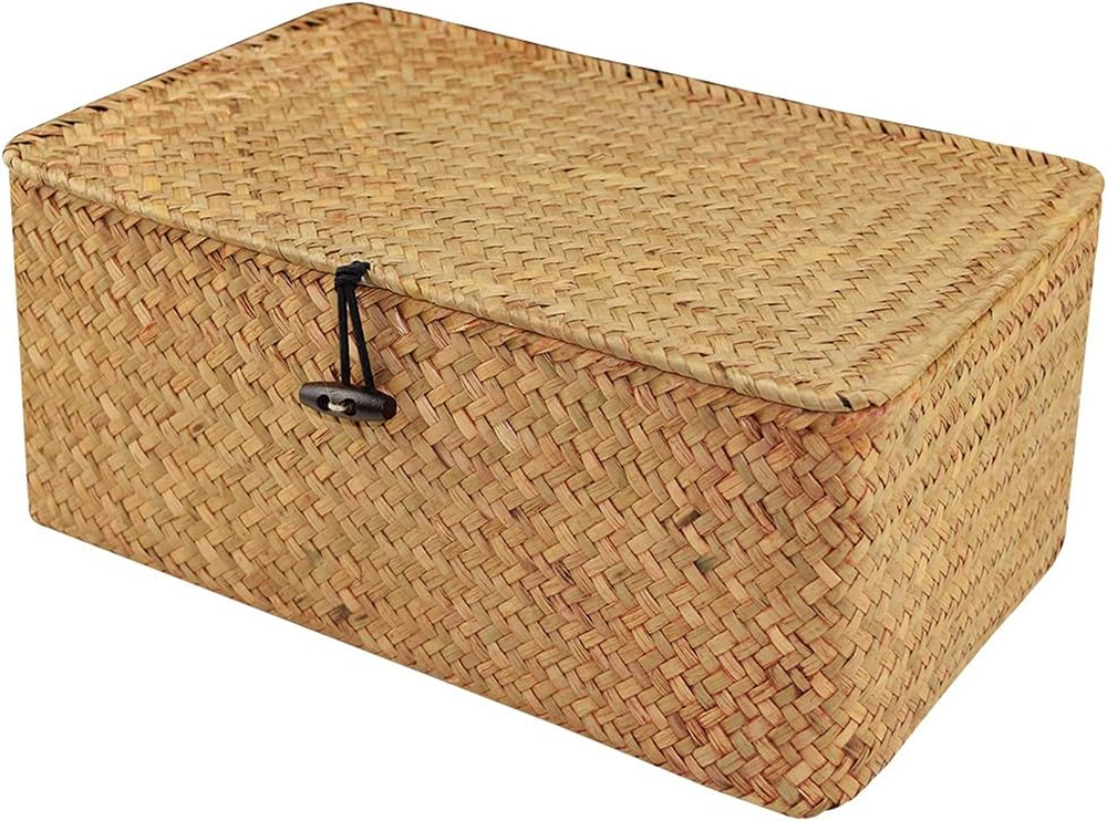 Wicker Storage B097BLFJBB with Lid, Natural Hand-Woven Rattan Storage Box, Recta