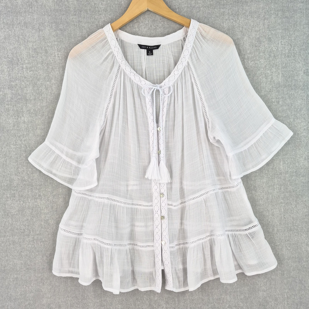 Zac & Rachel Blouse Women XL White Crochet Lace Crinkle Gauze Sheer Boho Peasant