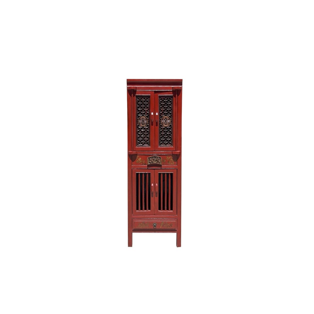 Distressed Brick Red Slim Wood Carving Shutter Doors Storage Cabinet ws4060