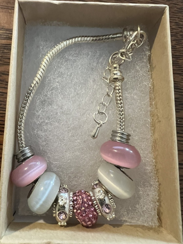 Pandora Style Pink Silver Charm Bracelet with Elegant Beaded Design