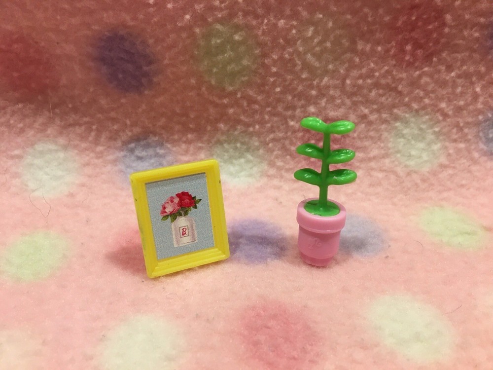 Barbie Doll Dollhouse House Plant & Framed Photo Decor Home Set Mattel New!