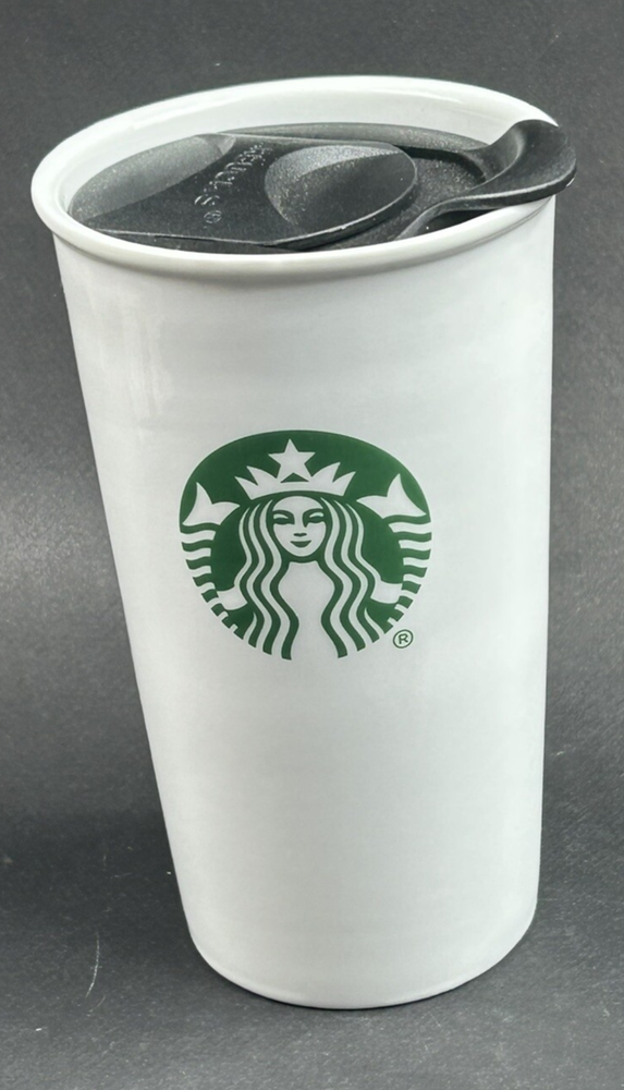 NOS Starbucks White Ceramic Travel Mug 10oz Green Logo Coffee Tea