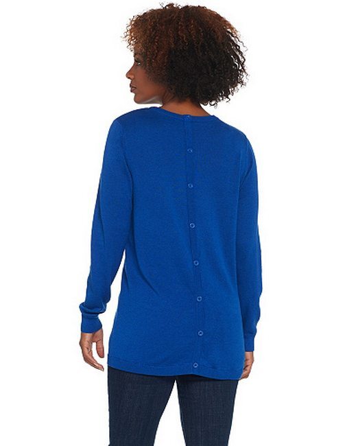 Joan Rivers Royal Blue Button Back Crew Neck Sweater New