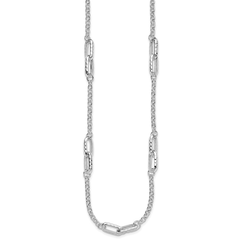 Sterling Silver RH-plated Polished and Hammered Link Chain Necklace 18