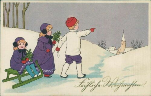 Ansichtskarte Weihnachten um 1920 Kinder Schlitten Winterlandschaft  (9869)