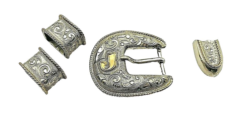 Women Silver Plate Initial J Belt Buckle Round Loops Tip Country Western Rodeo