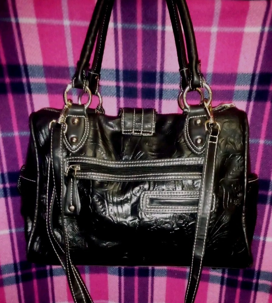 MC Madi Claire Crossbody Black Leather Floral Engraved Designer   Handbag Medium