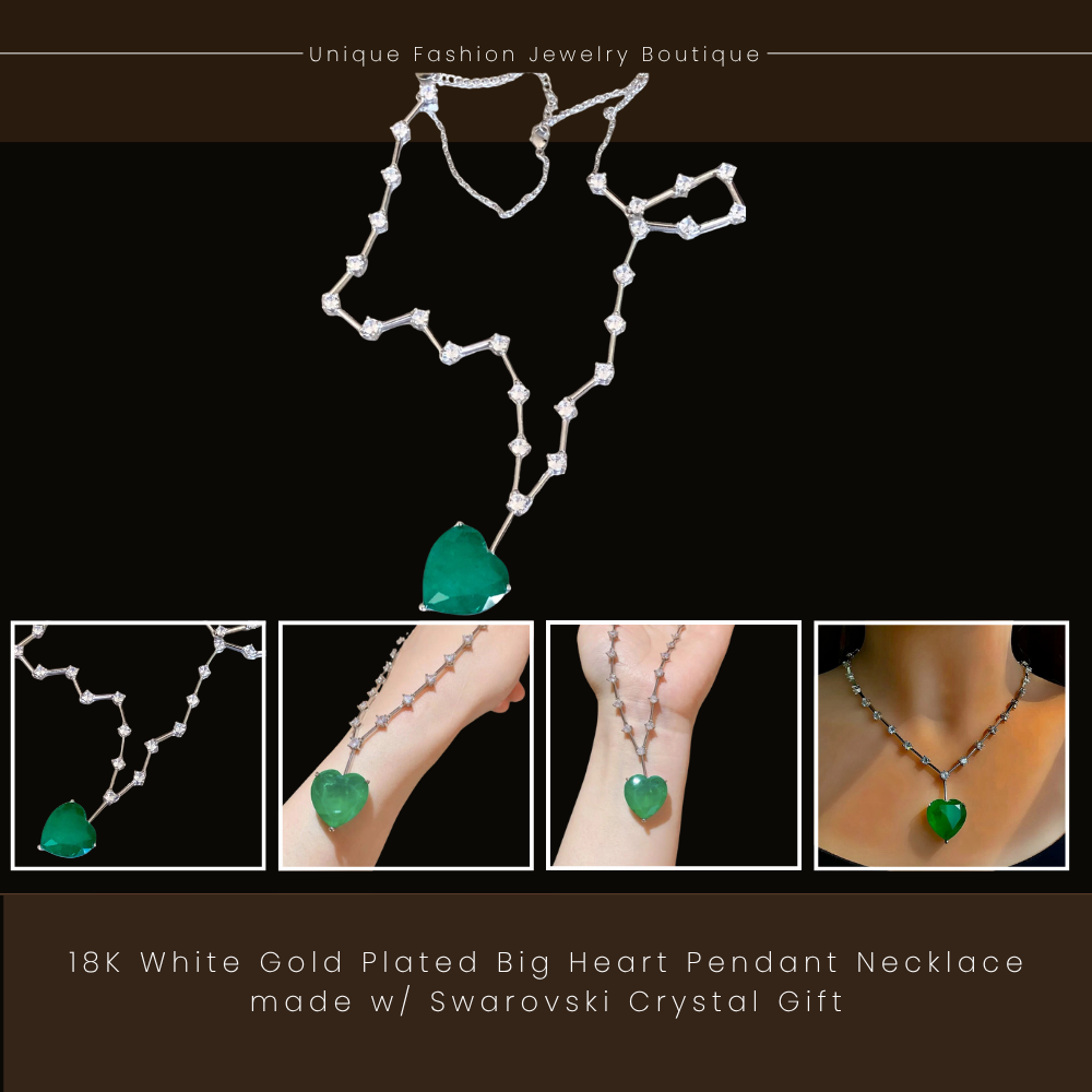 18K White Gold Plated Lab Green Emerald Heart Pendant Necklace Christmas Gift