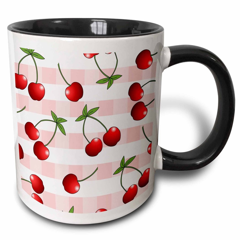 3dRose Juicy Red Cherries Pink Check Print 11oz Two-Tone Black Mug