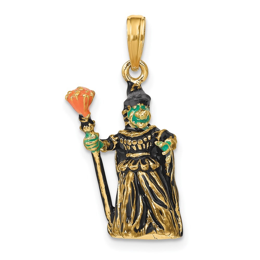 14K Yellow Gold 3-D Enameled Witch with Broom Charm Pendant L-24.3 mm, W-11 mm