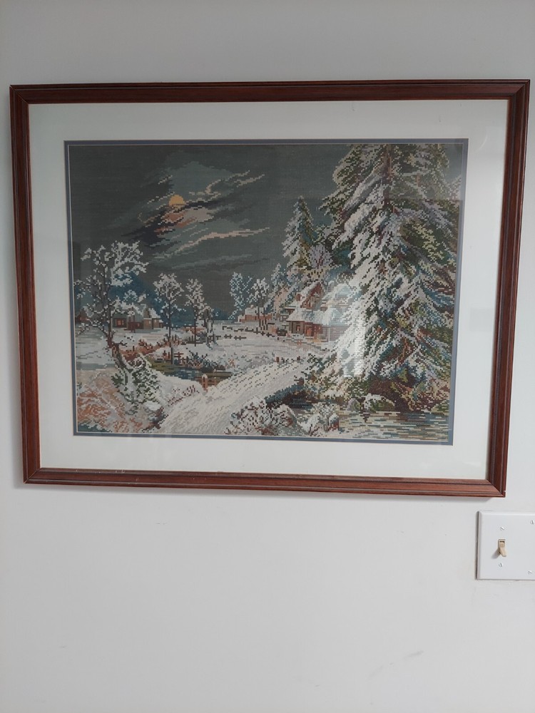 Framed Wiehler Gobelin Winter Night Needlepoint Vintage 24