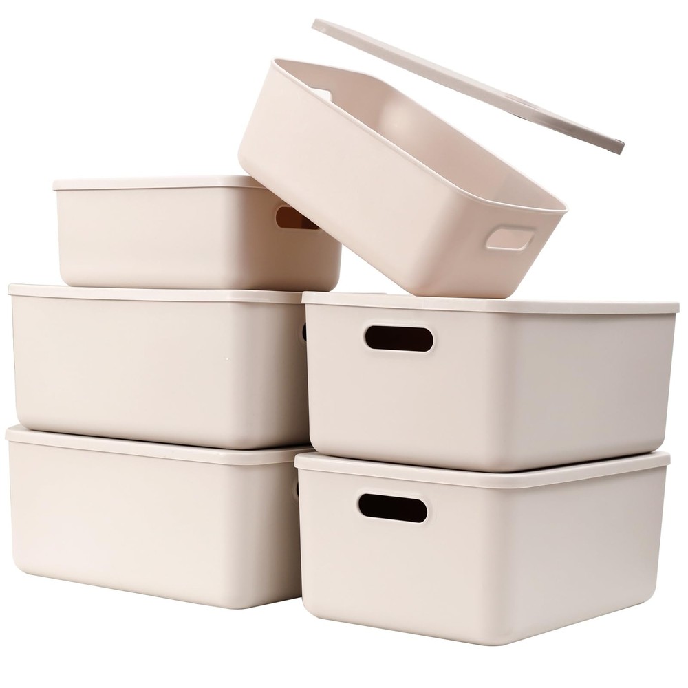 Plastic Storage Baskets With Lid Organizing Container Lidded Knit Storage Org...