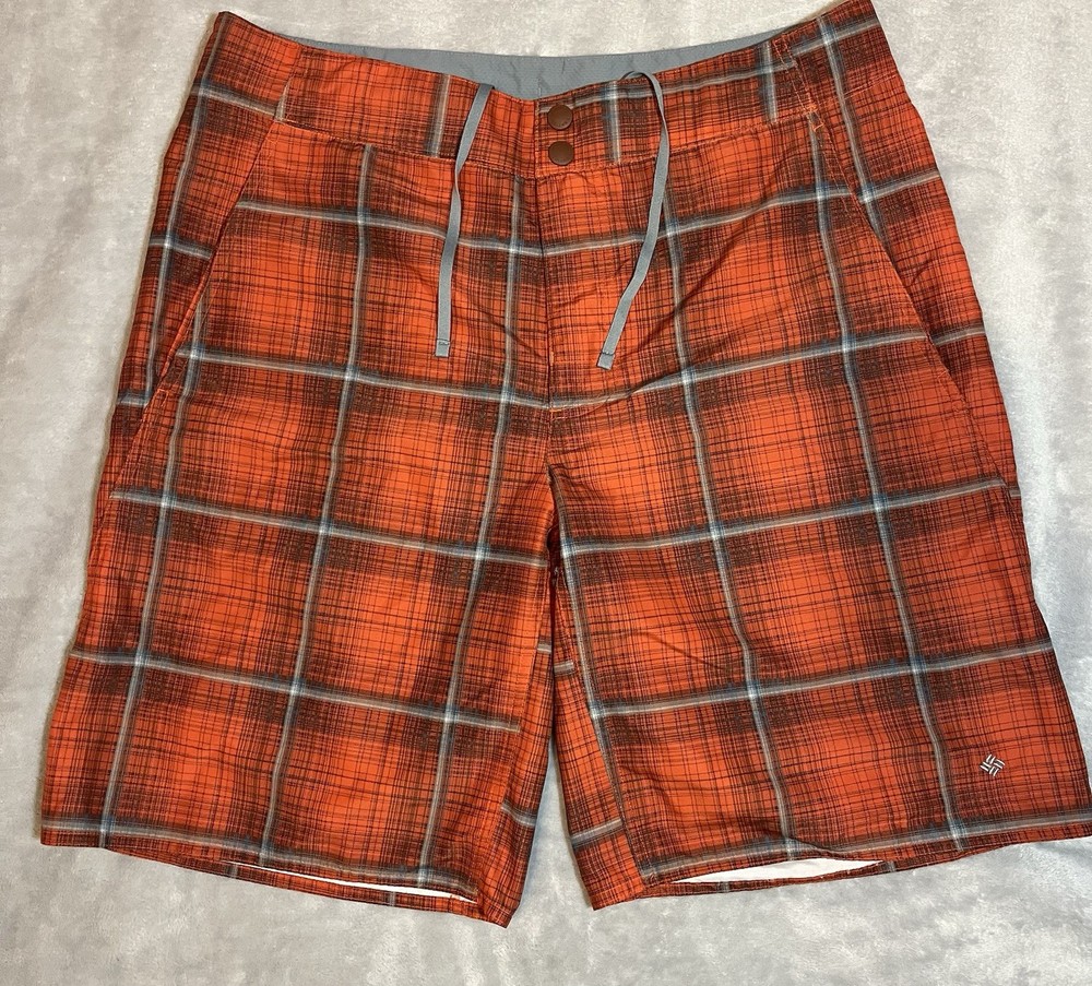 Columbia Swim Shorts Mens 36 Orange Plaid Omni Shade Sun Protection Board Trunks