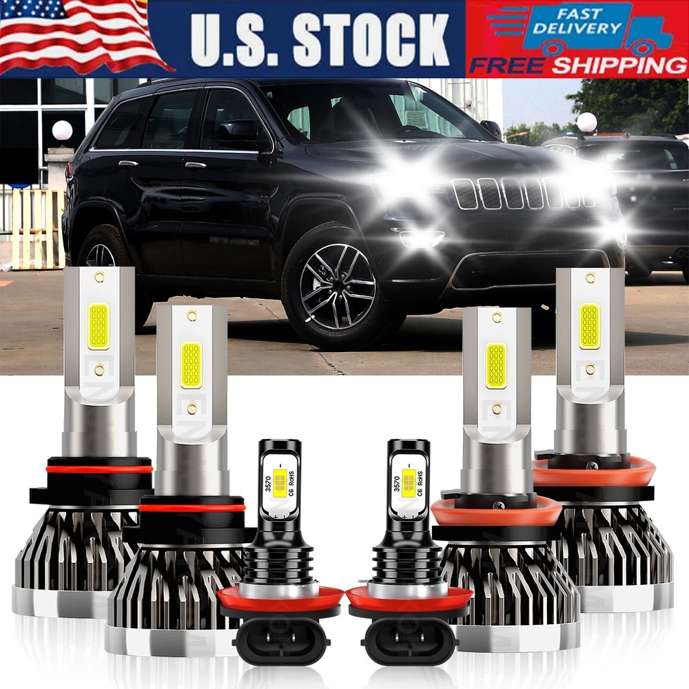 6X LED Headlight Hi Low Beam + Fog Light Bulbs For Jeep Grand Cherokee 2014-2017
