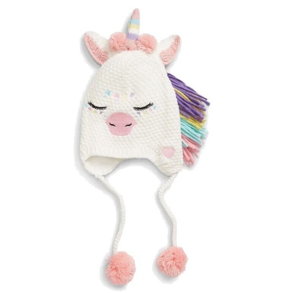 Under One Sky Girl Cable Knit White Unicorn Fleece Lined Earflap Hat Size S/1-3Y