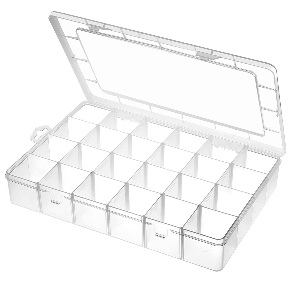Large 24-Grid Clear Plastic Organizer Box with Adjustable Dividers for Storage