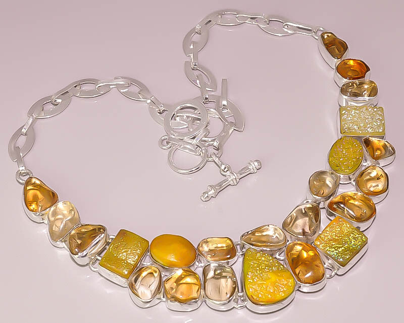 Natural Titanium Druzy Yellow Citrine 925 Silver Plated Necklace  