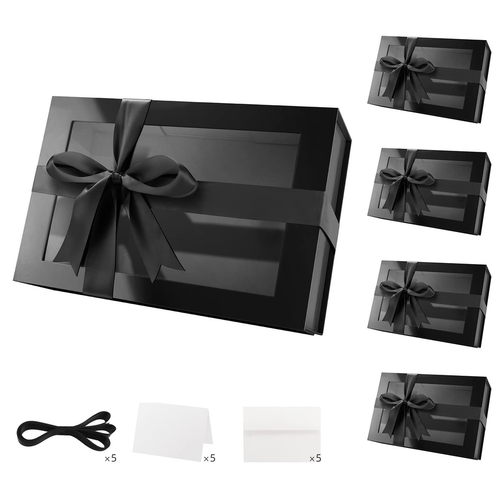 5 Large Black Gift Boxes with Clear Windows - 13.5x9x4.1 Inches for Presents