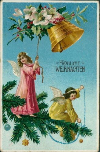 Postcard Christmas 1910 Angel Bell Fir Branch Embossed Card (9866)