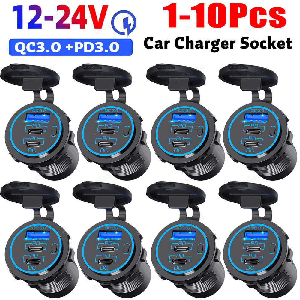 USB C Fast Car Charger 3 Port PD+QC3.0 Outlet Socket for 12-24V Boat Marine Lot