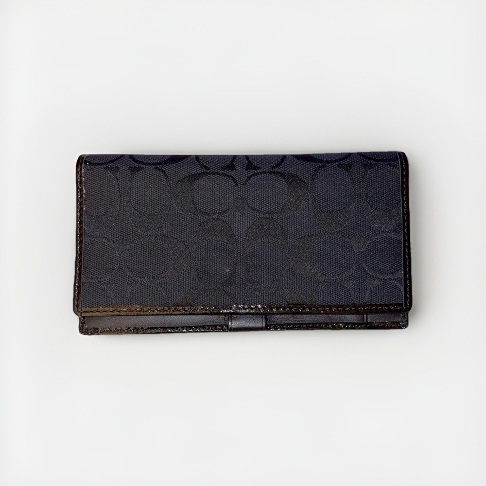 Coach Checkbook Cover Black Signature Jacquard Patent Leather Trim Wallet
