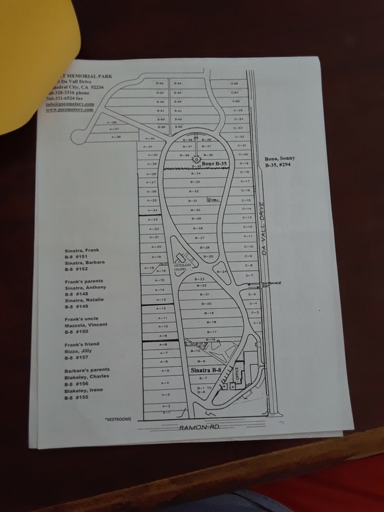 Frank Sinatra, Sonny Bono Cemetery Grave Map Palm Springs California