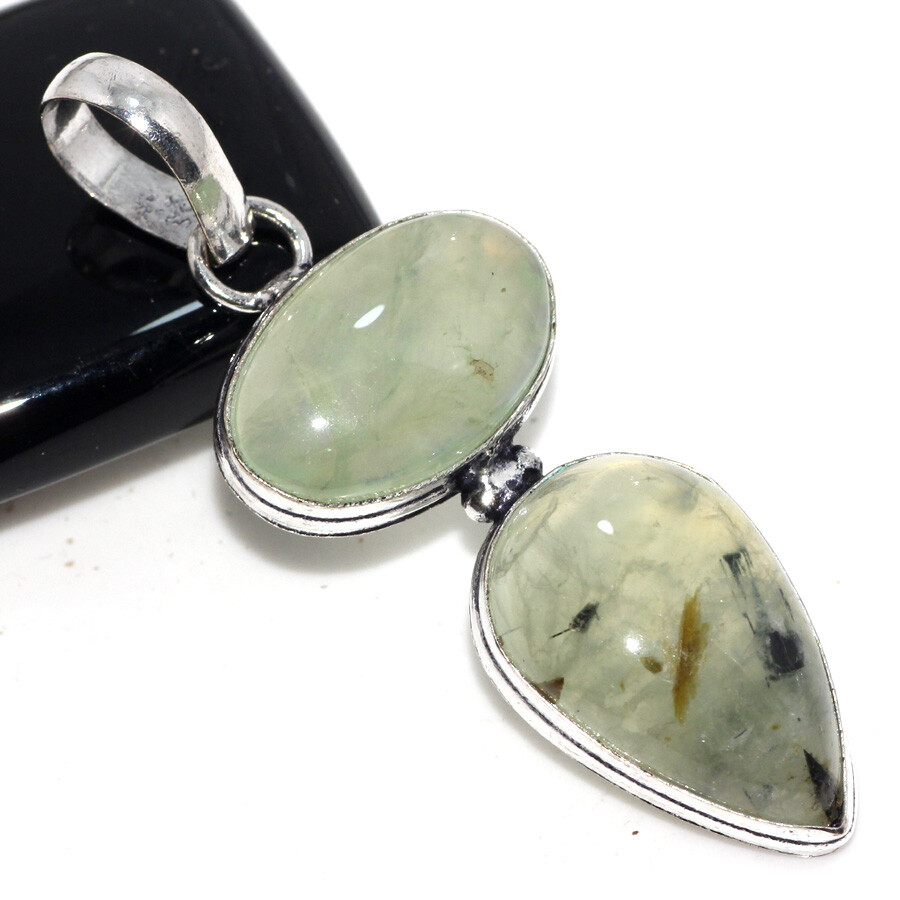 Moss Prehnite 925 Silver Plated Long Pendant 2