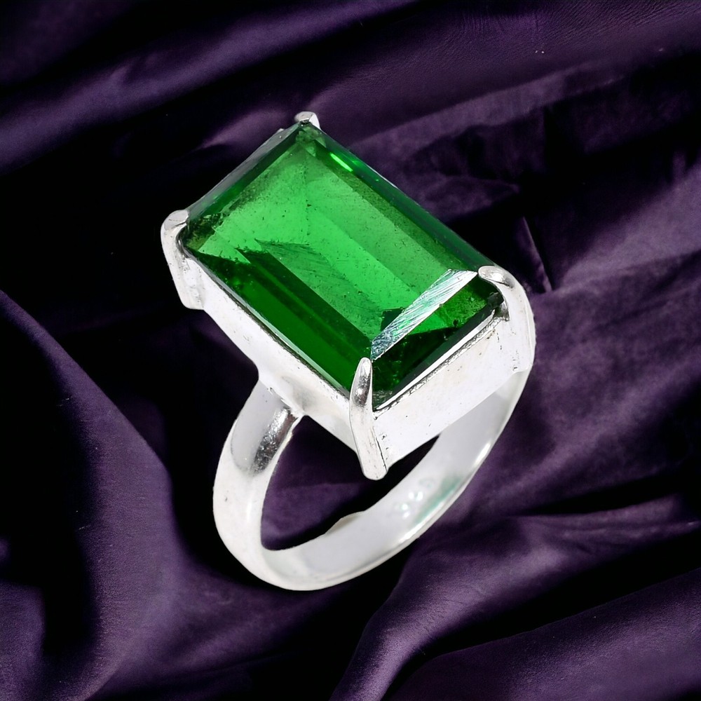 925 Silver Cocktail Ring with Natural Emerald Gemstone - Size 8.75 - Perfect Gift for Women