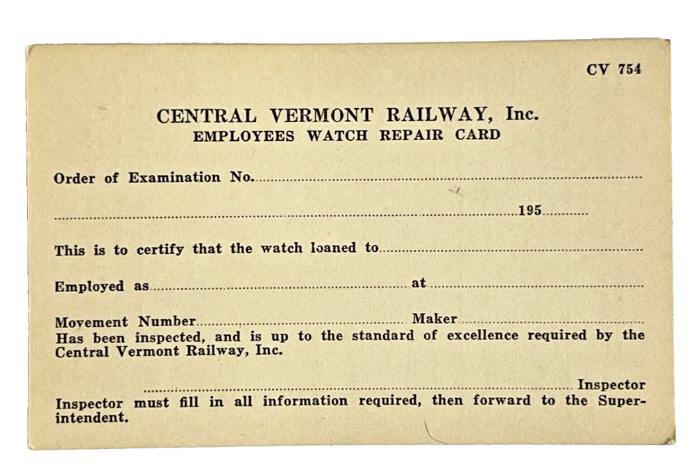 Central Vermont Railway Employee's Watch Repair Inspection Card