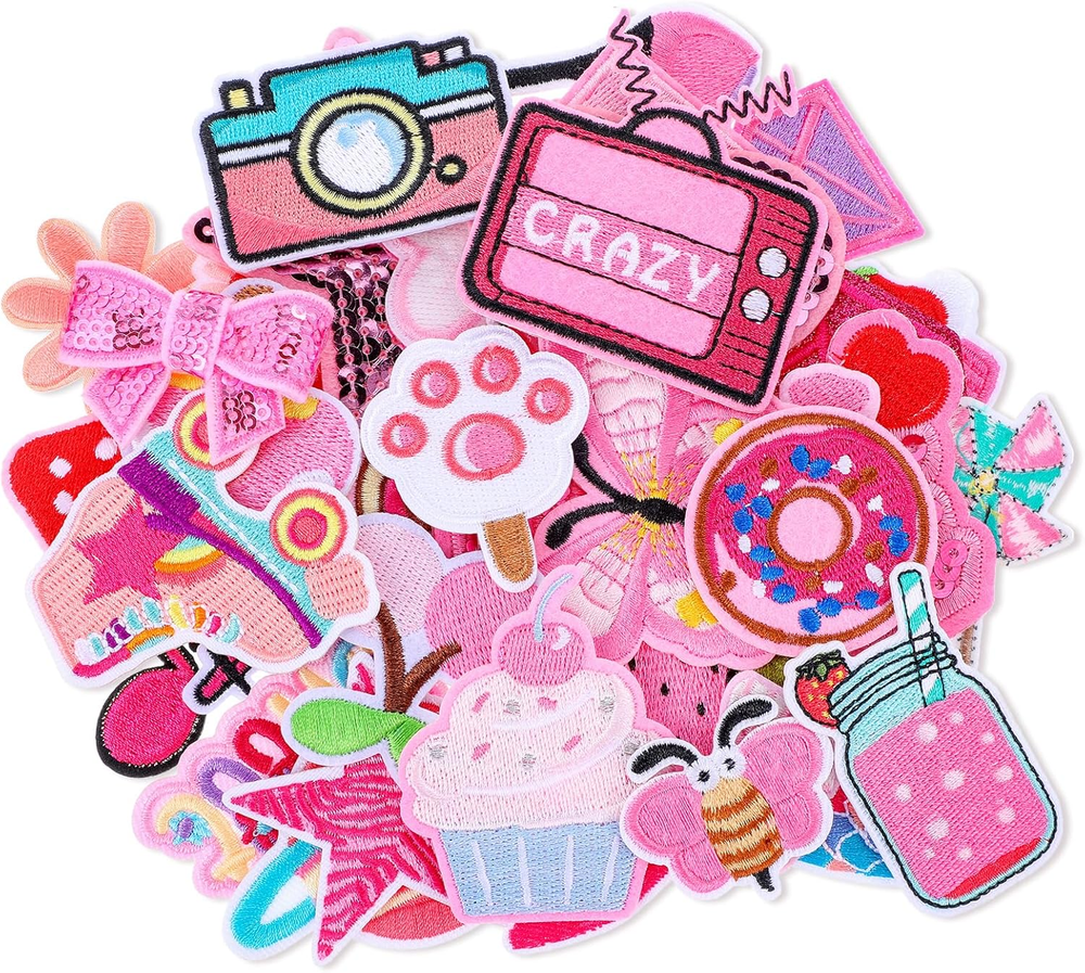 36 Pcs Iron-On Embroidered Pink Patches for Clothing - Assorted Styles