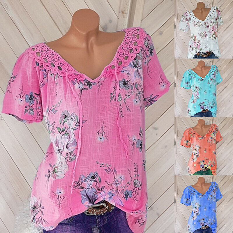 Womens Cotton Linen Floral Tops Ladies Summer Loose Blouse T Shirt Tunic Plus US