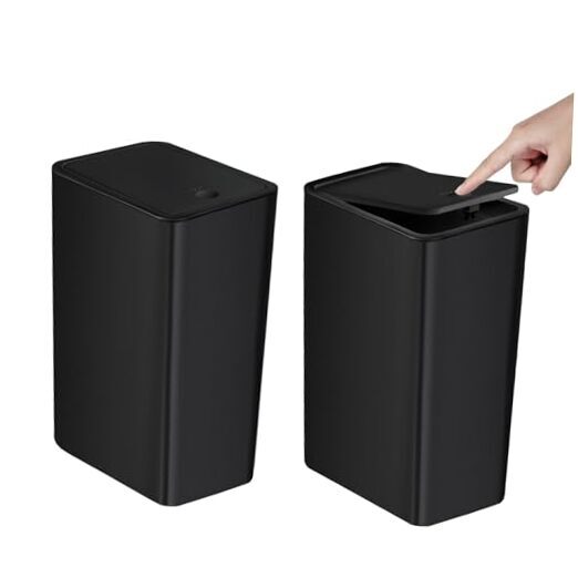 Bathroom Trash Can with Lid, 10 Liter/ 2.6 Gallon Slim Garbage 2 Pack Black
