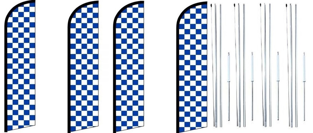 Blue & White Checkered Windless Flag With Complete Hybrid Pole set- 4 pack