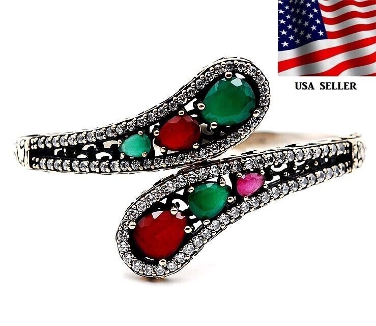 Ottoman Empire Inspired 18CT Emerald Ruby Sterling Silver Bracelet
