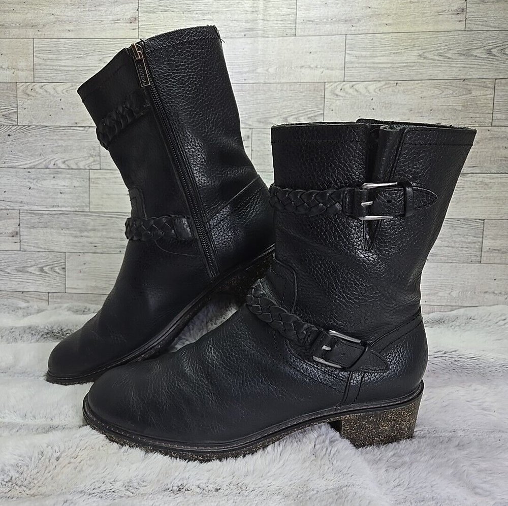 Aetrex Nora Boots Womens 10.5 Waterproof Mid Calf Moto Leather Comfort Black Zip