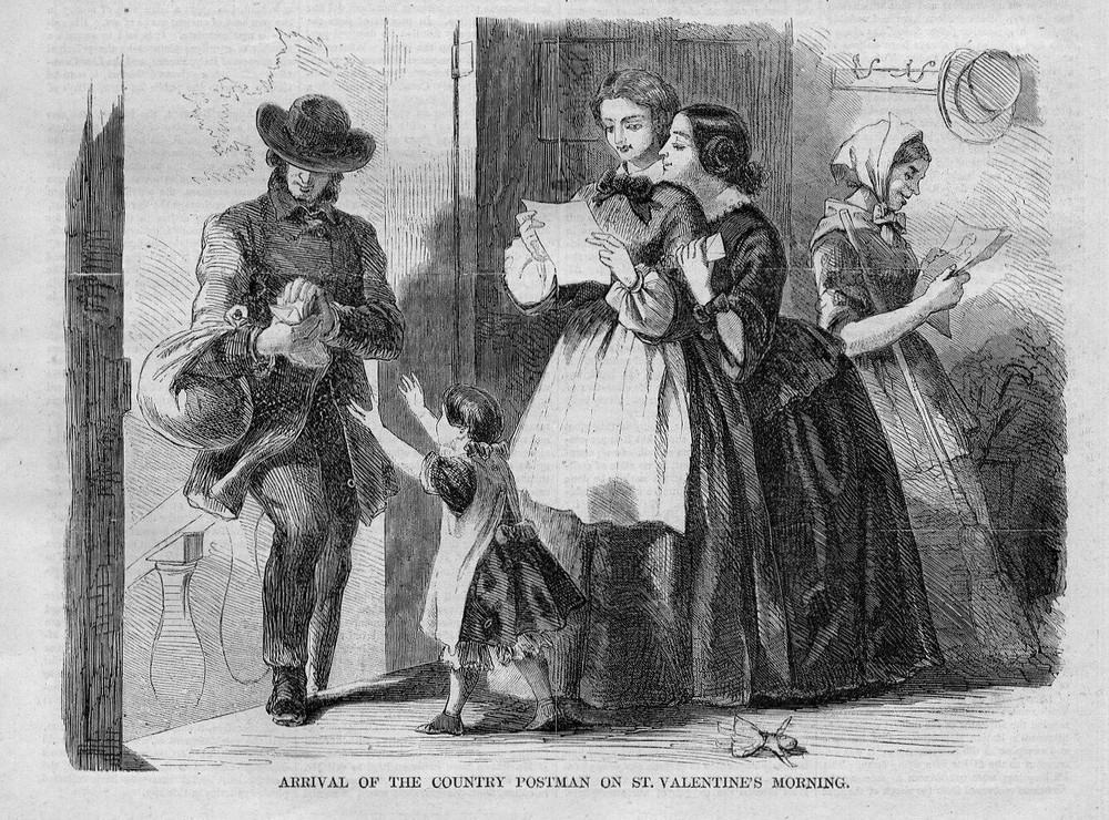 ARRIVAL OF THE COUNTRY POSTMAN ON VALENTINES DAY MAIL CARRIER POSTAL HISTORY