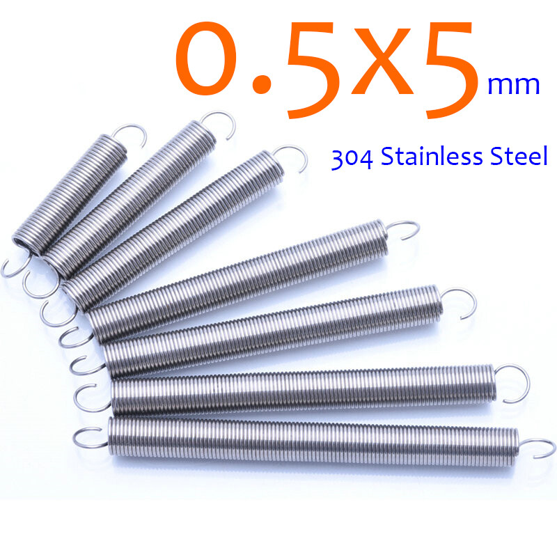 0.5x5mm Stainless Steel Tension Spring with Hook Ring End 15-300mm Length